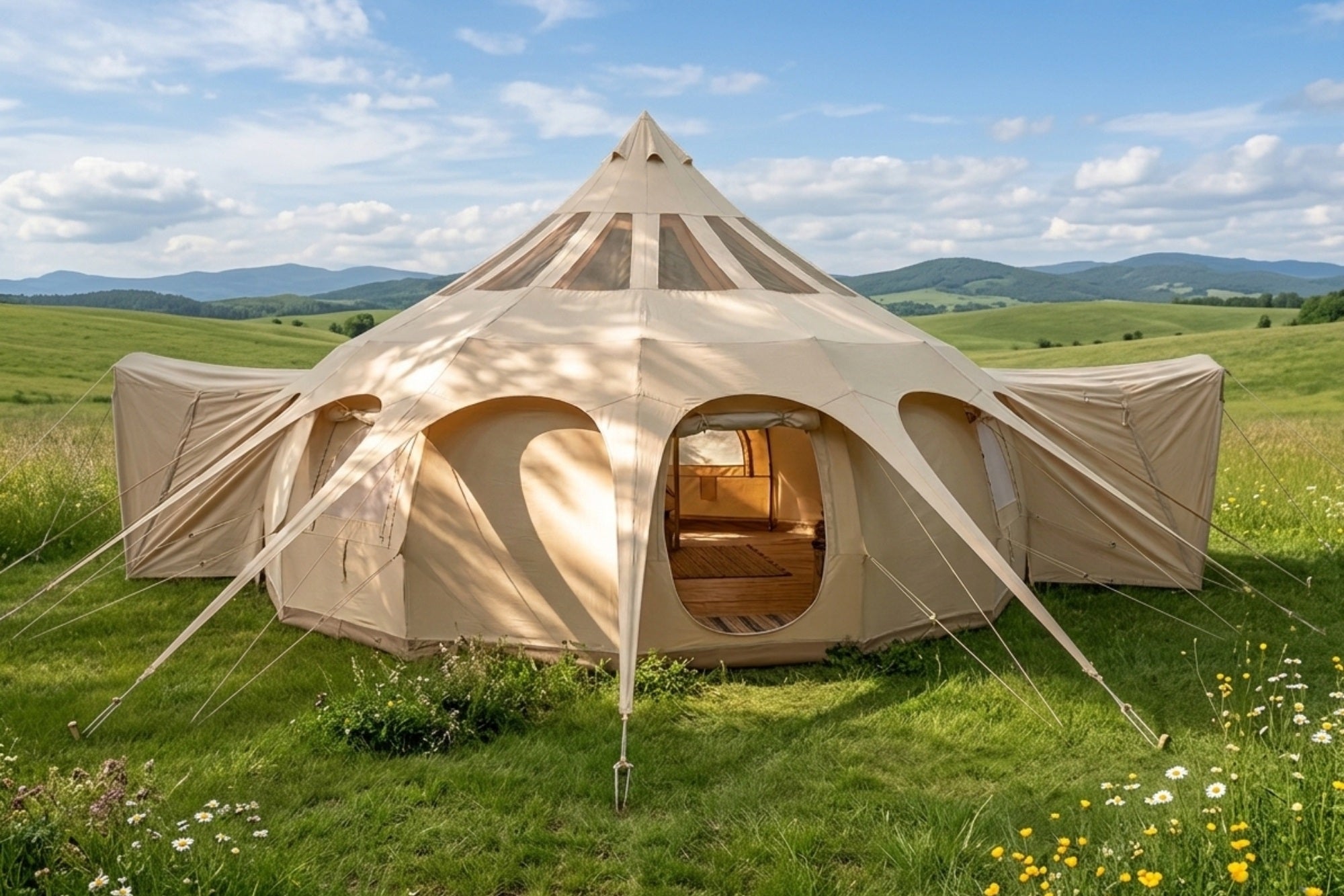 6m canvas bell tent with extended awnings set up in a grassy field with hills and blue sky in the background